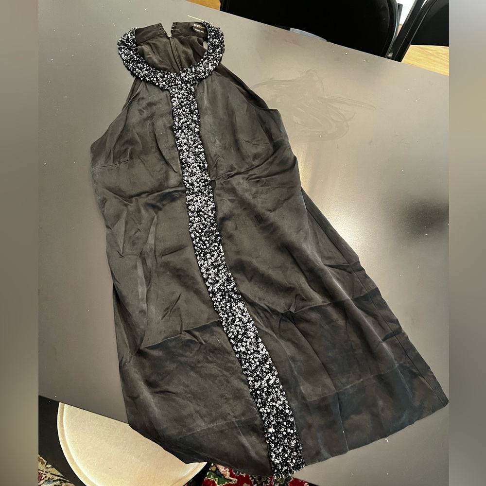 BCBGMaxAzria limited addition silk Dark Black Grey Dress with Beaded Detail